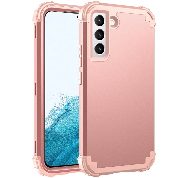 Rose gold silicone phone case with camera cutout and raised corners, front and back view