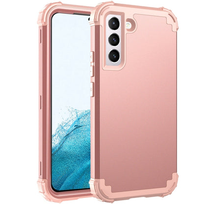 Rose gold silicone phone case with camera cutout and raised corners, front and back view