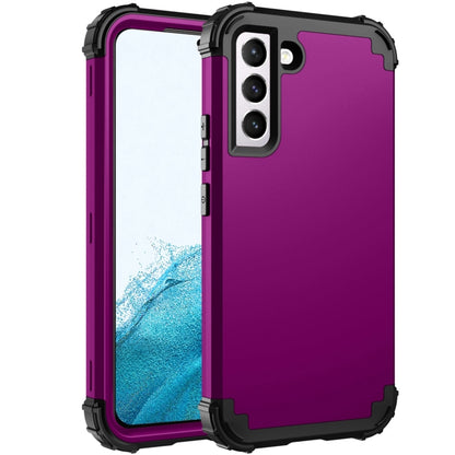 Rugged purple PC and silicone phone case with black camera surround, front display visible
