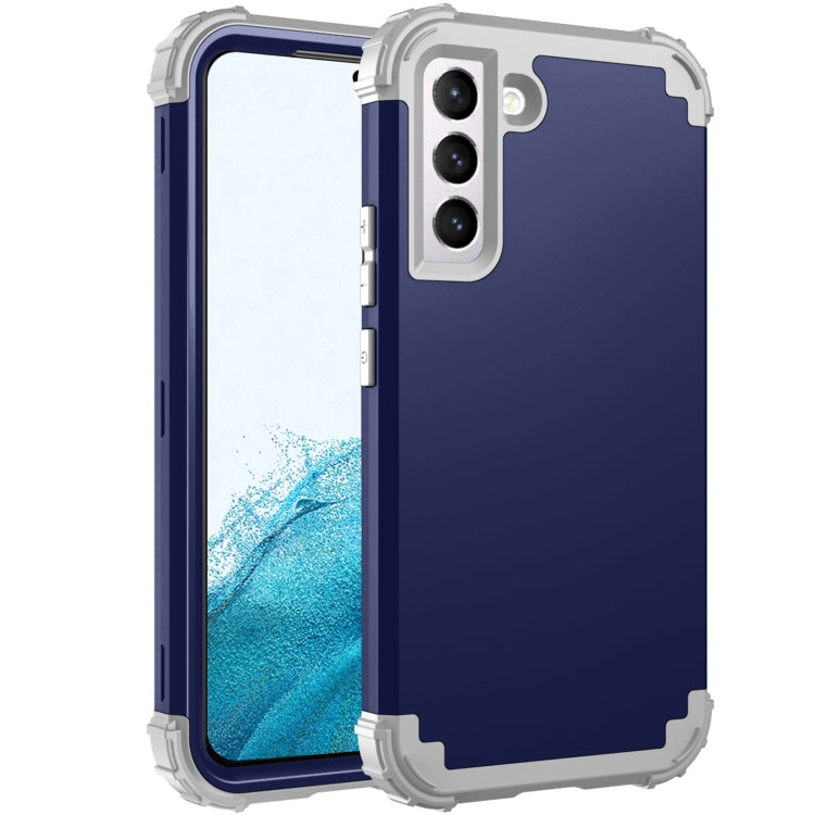 Navy blue silicone phone case with gray shock-absorbing corners, camera cutout