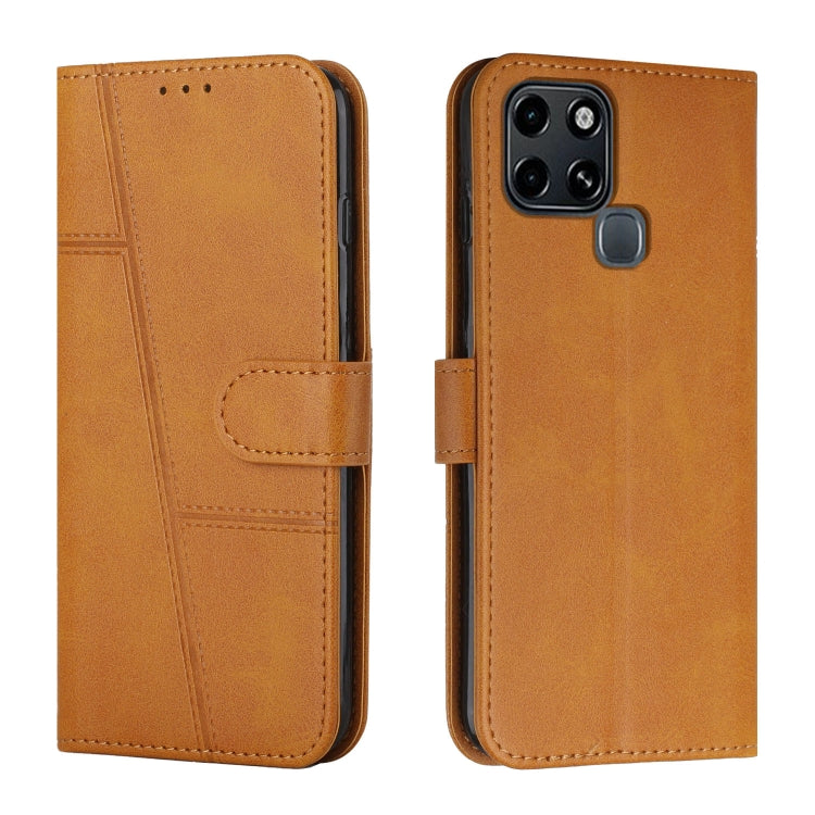 Tan leather folio phone case with buckle strap and stitched panel design
