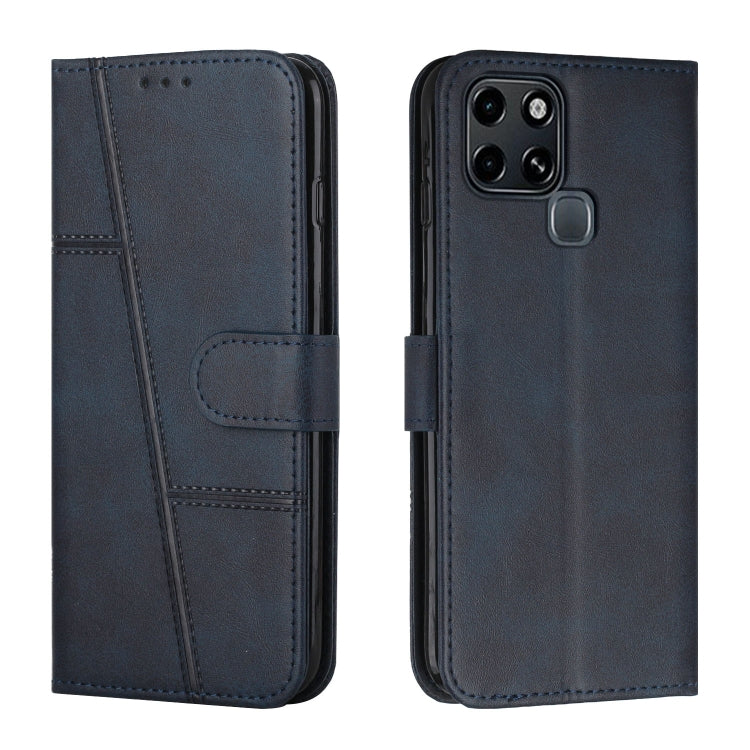 Dark blue leather folio phone case with buckle strap and stitched accents
