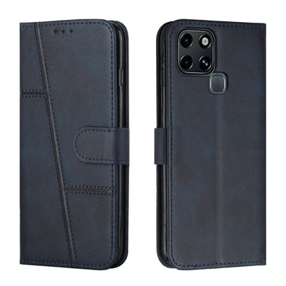 Dark blue leather folio phone case with buckle strap and stitched accents