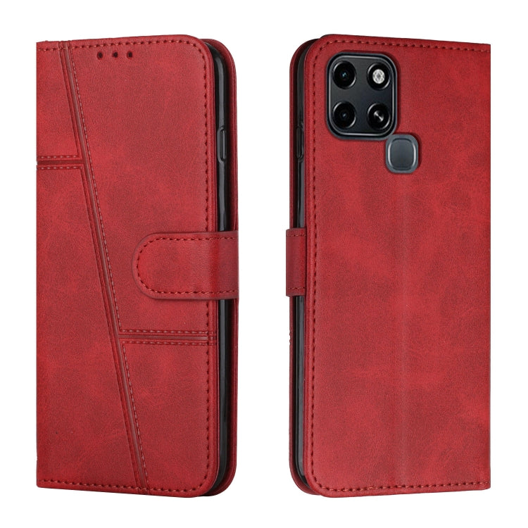 Red leather folio phone case with buckle strap and stitched decorative seams