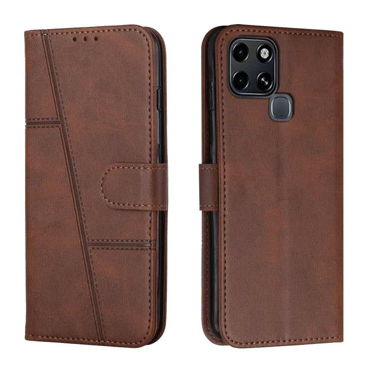 Brown leather wallet phone case with buckle strap and decorative stitching