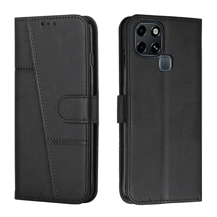 Black leather wallet phone case with buckle strap and stitched panel cover