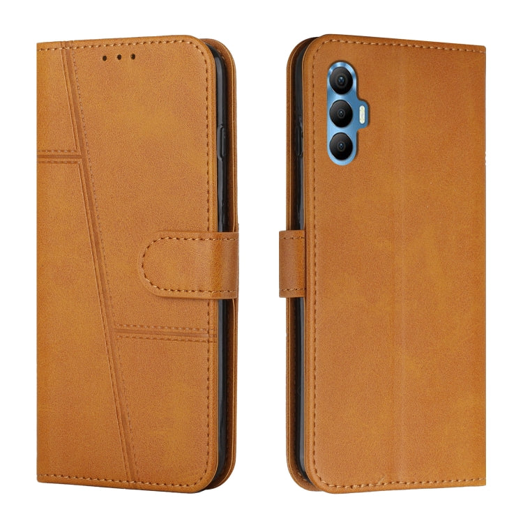 Brown leather folio phone case with side buckle and stitched card-holder panel