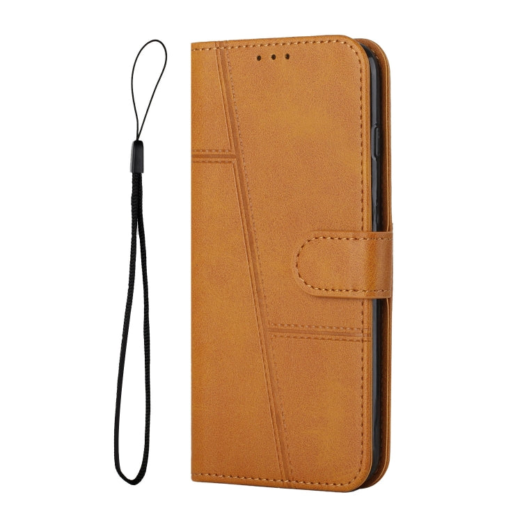 Tan leather folio phone case with side strap buckle and stitched design