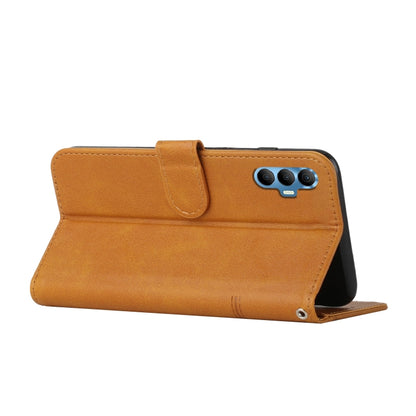 Tan leather wallet-style phone case with fold-over stand and stitched details