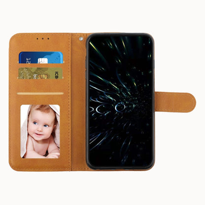 Tan leather folio phone case with card window and fold-over stand