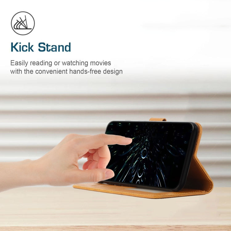Tan leather fold-stand phone case with buckle, propped for viewing