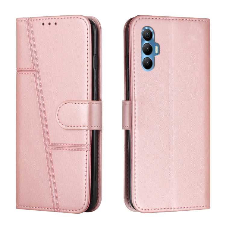 Pink leather folio phone case with side buckle and stitched card-holder panel