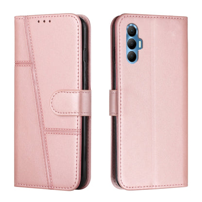 Pink leather folio phone case with side buckle and stitched card-holder panel