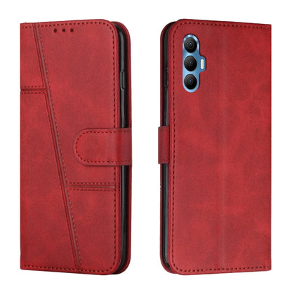 Red leather folio phone case with side buckle and stitched card-holder panel