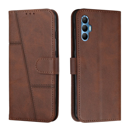 Brown leather phone case with buckle strap and stitched panel wallet style