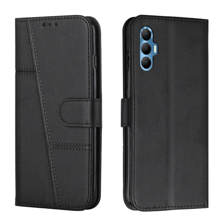Black leather phone case with buckle strap and stitched flip wallet design