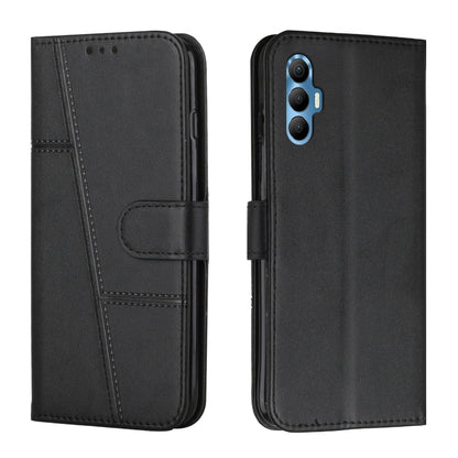 Black leather phone case with buckle strap and stitched flip wallet design