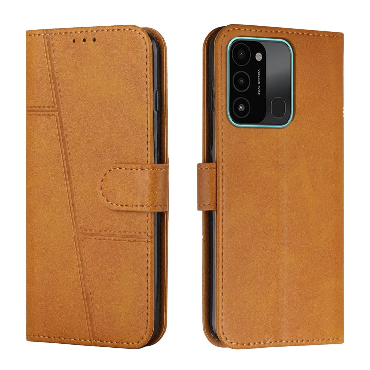 Tan leather phone case with buckle strap and stitched panel wallet design