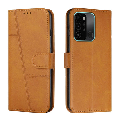 Tan leather phone case with buckle strap and stitched panel wallet design