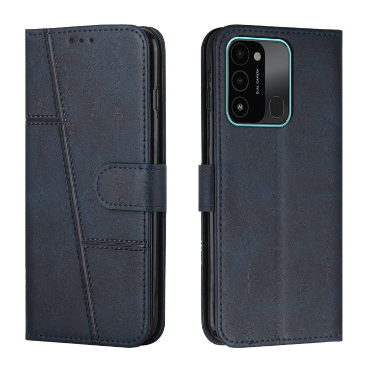 Dark blue-black leather phone case with buckle strap and stitched flip wallet