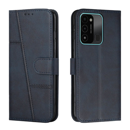 Dark blue-black leather phone case with buckle strap and stitched flip wallet