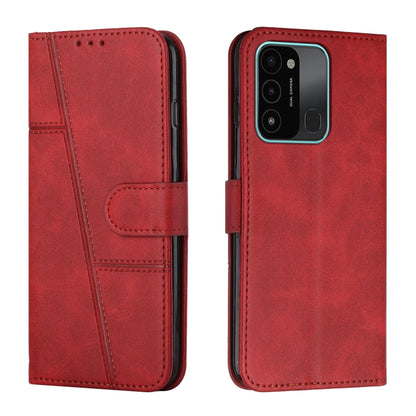 Red leather phone case with buckle strap and stitched flip wallet design