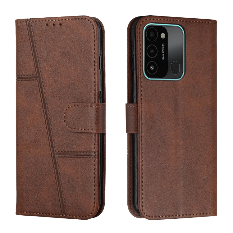 Brown leather phone case with buckle strap and stitched panel front flap