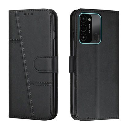 Black leather phone case with buckle strap and stitched panel front flap