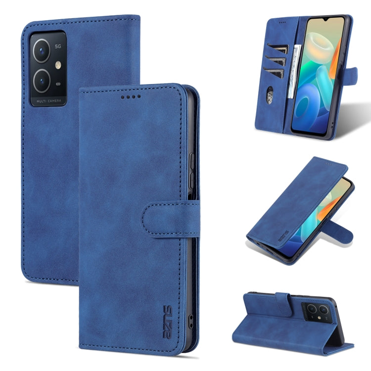 Blue leather flip phone case with horizontal stand and stitched card slots