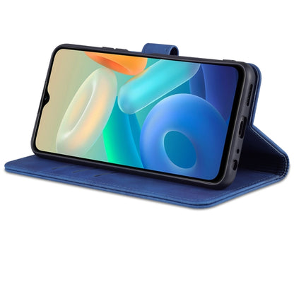 Blue leather flip phone case in stand mode with cover folded back