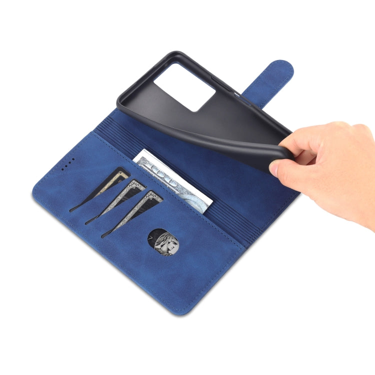 Blue leather wallet-style phone case with card holder and cash compartment