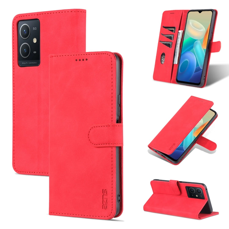 Red leather flip phone case with horizontal stand and stitched card slots