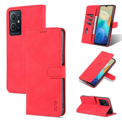 Red leather flip phone case with horizontal stand and stitched card slots
