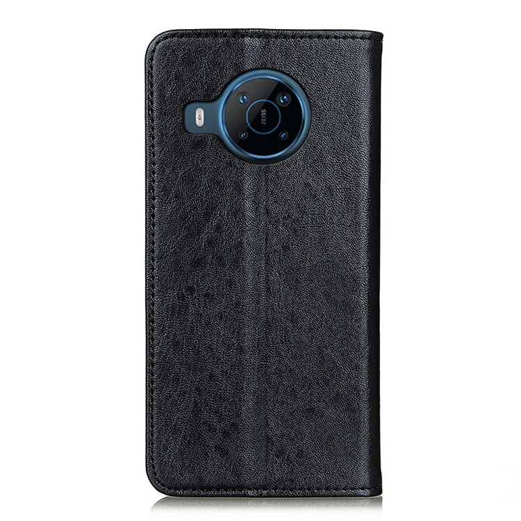 Black magnetic crazy horse leather phone case with camera cutout and stitched edges