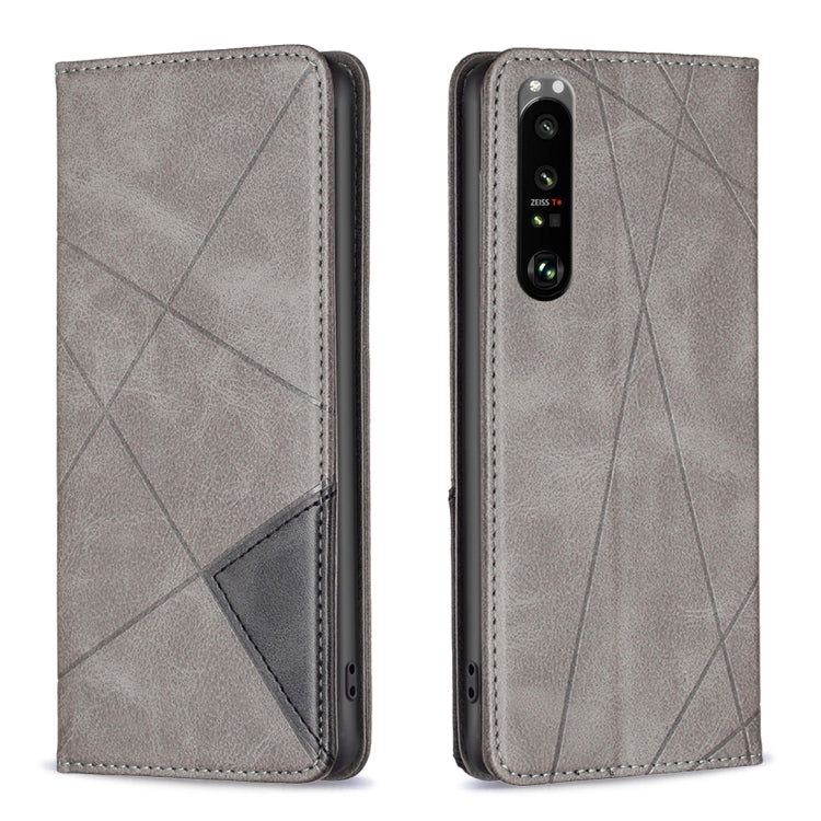 Gray leather phone case with magnetic closure, geometric pattern, camera cutouts.