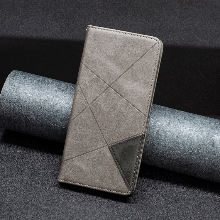 Light gray leather wallet phone case with geometric diamond stitching and magnetic flap.