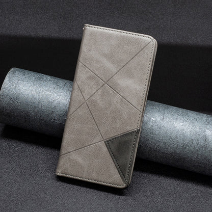 Light gray leather wallet phone case with geometric diamond stitching and magnetic flap.