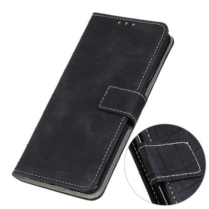 Black crocodile-texture leather-style phone case with side flip strap and stitching.