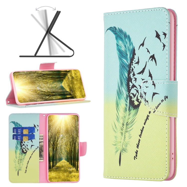Leather phone case with teal gradient background, feather and bird silhouette artwork, folio strap