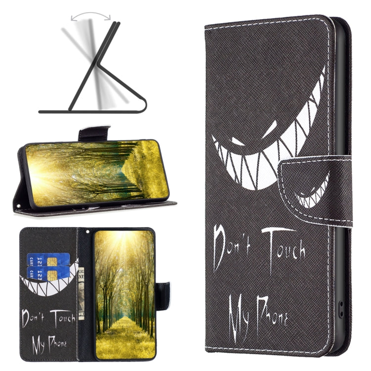 Black leather phone case with abstract line face design, stitched flap, wallet style
