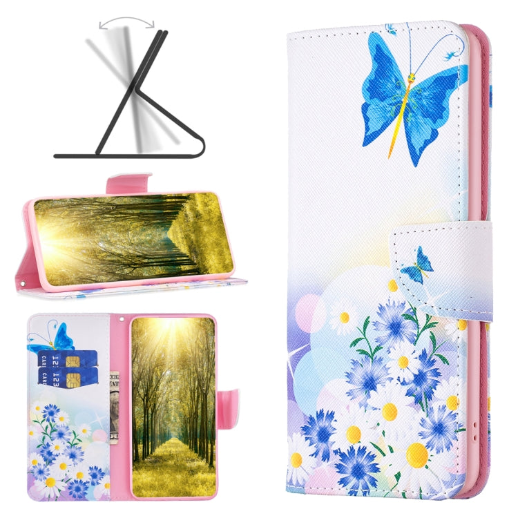 White leather phone case with blue butterfly and flower print, flip cover