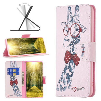 Light pink leather phone case with giraffe sketch and bow, heart detail, flip cover