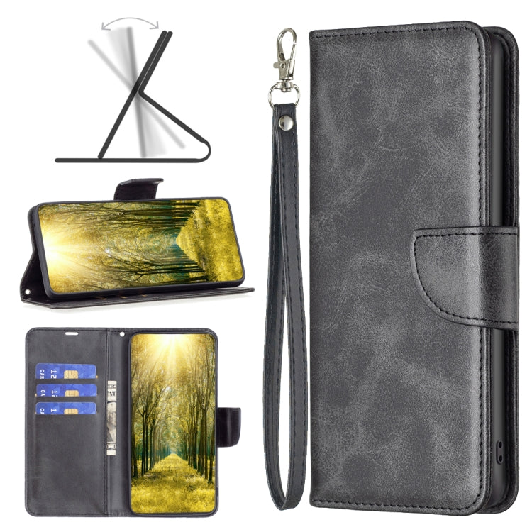 Dark grey lambskin-texture leather phone case with flip cover and wrist strap