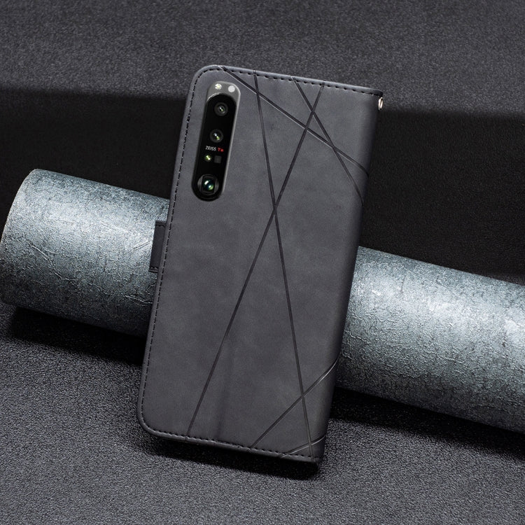 Black leather wallet phone case with rhombus pattern and camera cutout