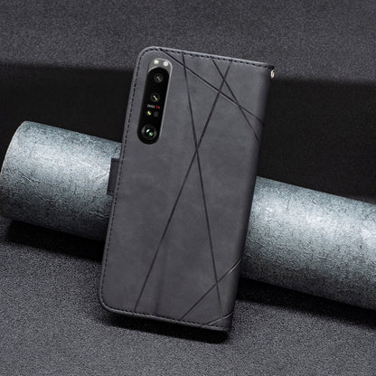 Black leather wallet phone case with rhombus pattern and camera cutout