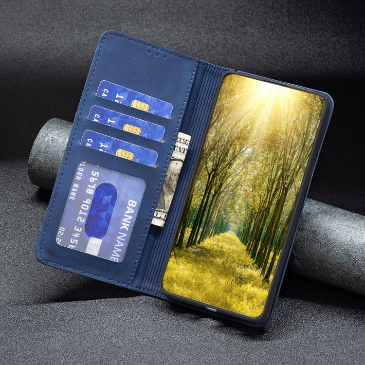 Blue magnetic leather phone case with ID and card slots, phone in cover