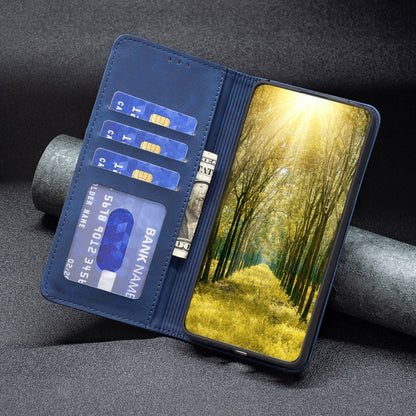 Blue magnetic leather phone case with ID and card slots, phone in cover