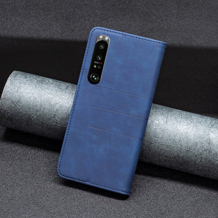 Blue magnetic leather phone case with camera cutout, back view