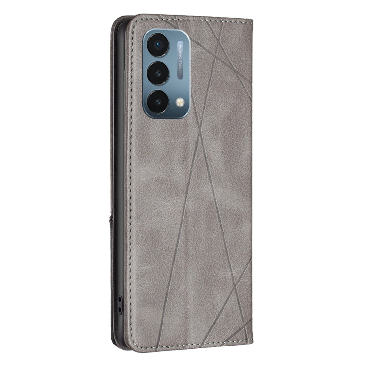 Grey leather magnetic folio phone case with diagonal pattern, phone back visible