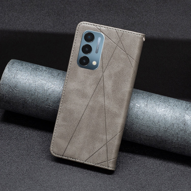 Grey leather magnetic folio phone case with diagonal pattern, phone back shown
